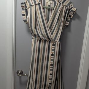 Striped V-Neck Button-Down Dress With Tie